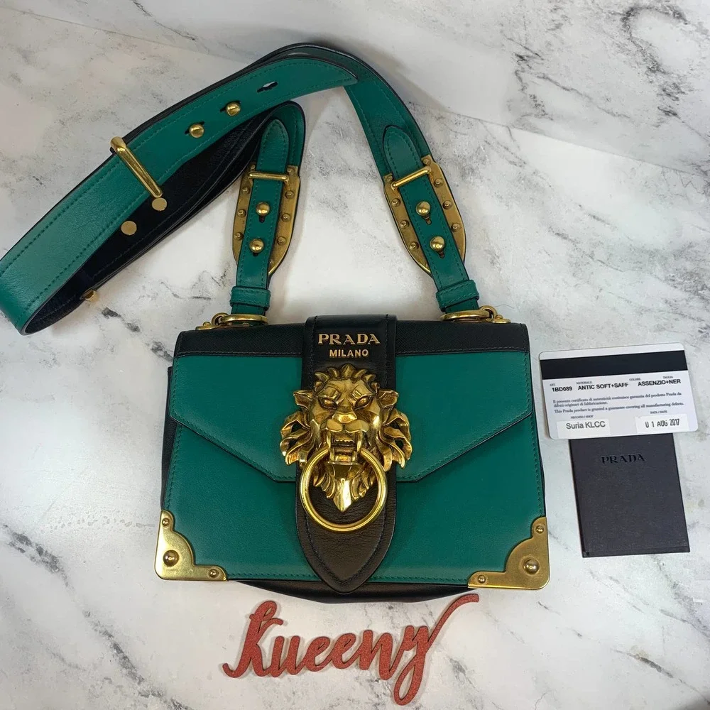 ❌❌ PRADA Lions Head Bag Antic Soft Saffiano Cahier Shoulder/Crossbody Green - Picture 2 of 16